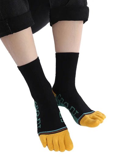 men's five finger cotton socks cartoon pattern, yellow