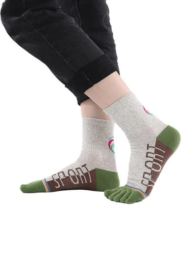 men's five finger cotton socks cartoon pattern, green