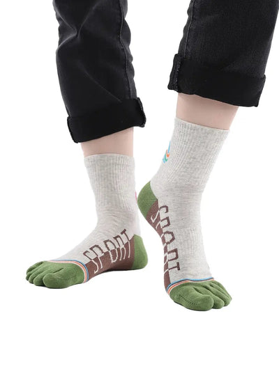 men's five finger cotton socks cartoon pattern, green