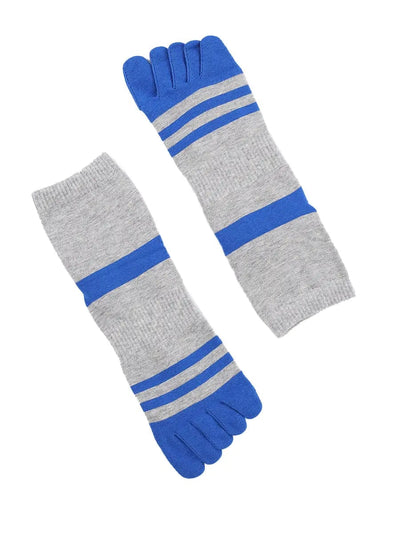 men's five finger grey cotton socks with blue stripe