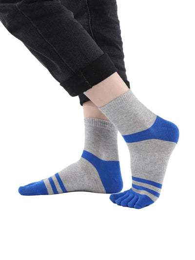 men's five finger grey cotton socks with blue stripe