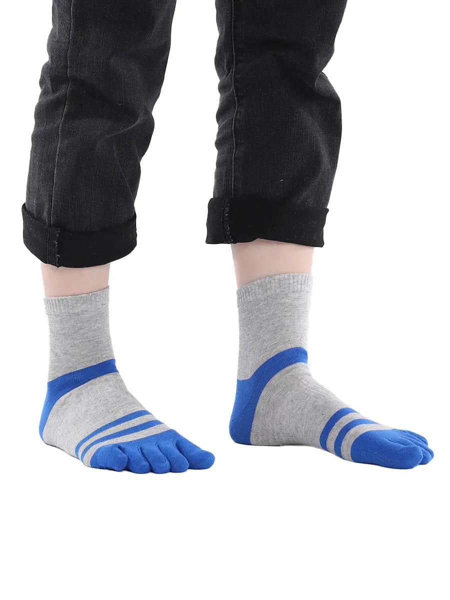 men's five finger grey cotton socks with blue stripe