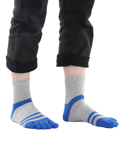 men's five finger grey cotton socks with blue stripe