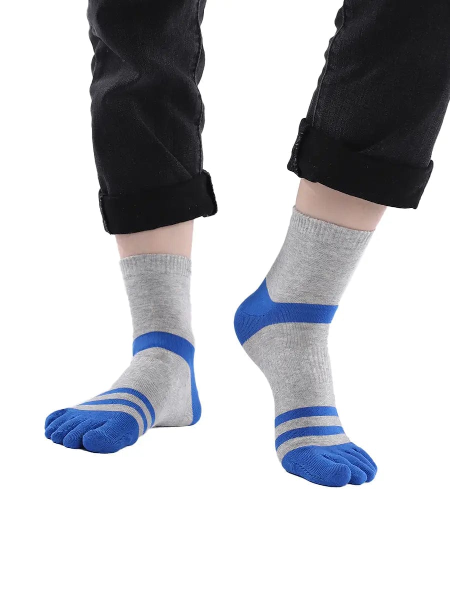 men's five finger grey cotton socks with blue stripe