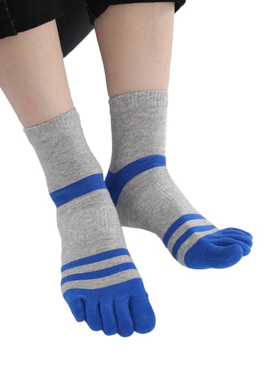 men's five finger grey cotton socks with blue stripe