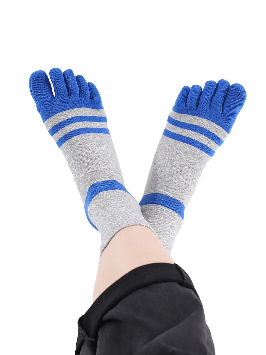 men's five finger grey cotton socks with blue stripe