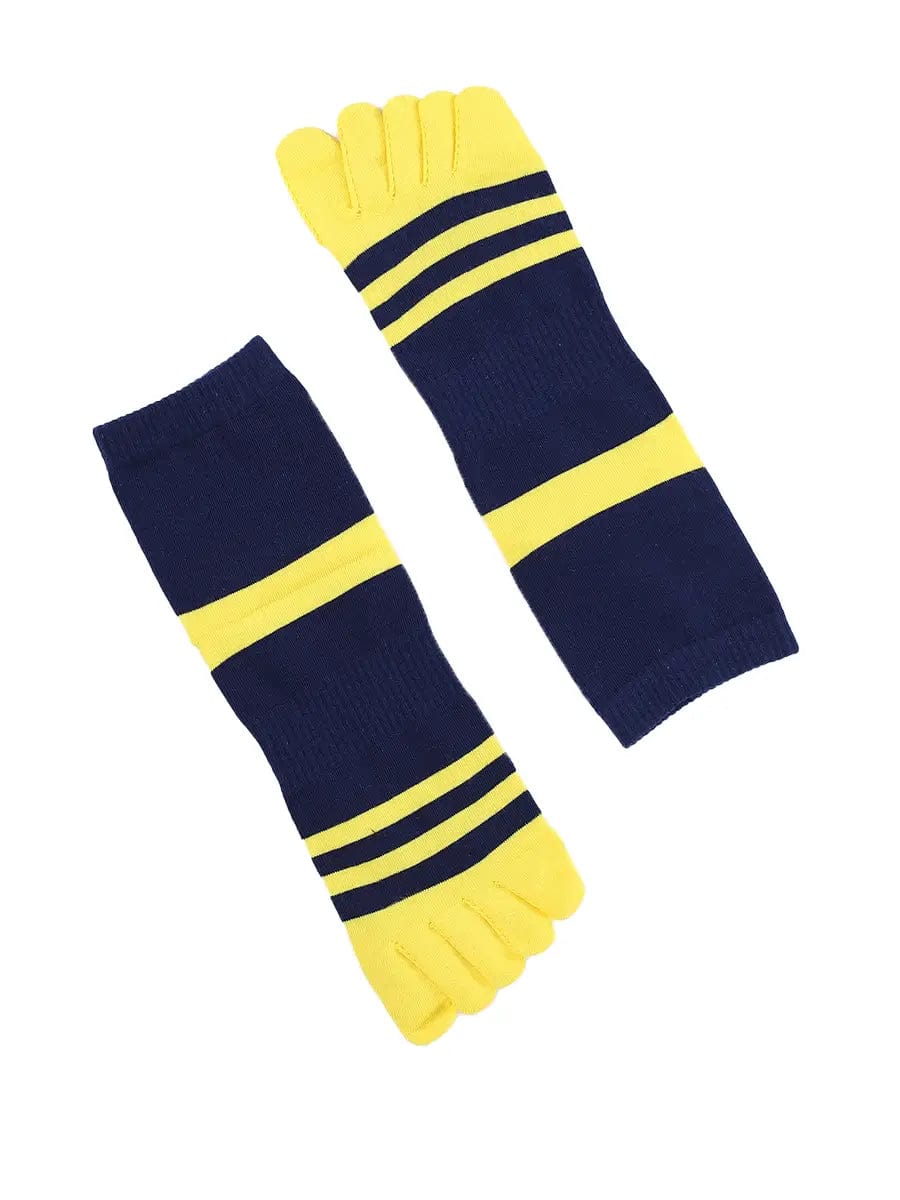 men's five finger blue cotton socks with yellow stripe