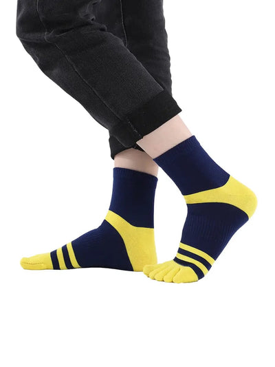 men's five finger blue cotton socks with yellow stripe