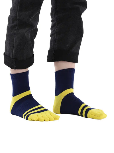 men's five finger blue cotton socks with yellow stripe