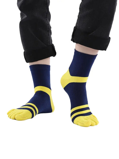 men's five finger blue cotton socks with yellow stripe