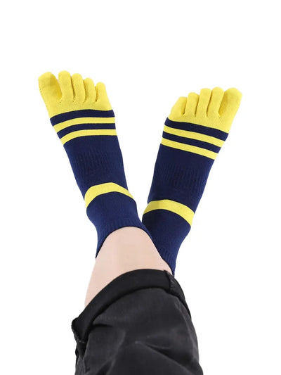 men's five finger blue cotton socks with yellow stripe