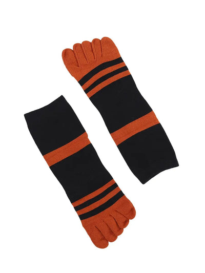 men's five finger black cotton socks with orange stripe