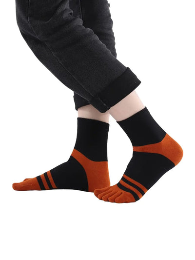 men's five finger black cotton socks with orange stripe