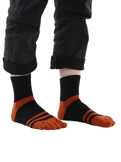 men's five finger black cotton socks with orange stripe