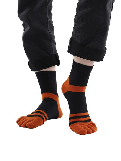 men's five finger black cotton socks with orange stripe