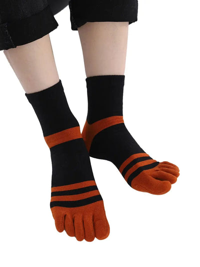 men's five finger black cotton toe socks with orange stripe