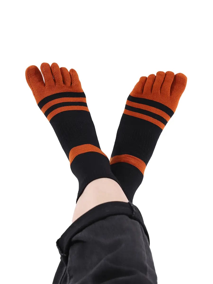 men's five finger black cotton socks with orange stripe
