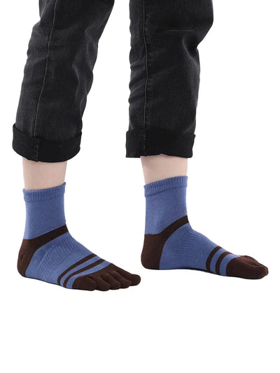 men's five finger brown blue socks with brown stripe