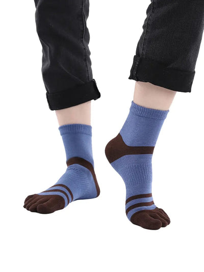 men's five finger brown blue socks with brown stripe