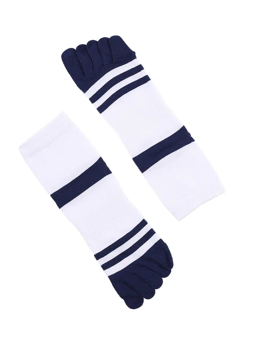 men's five finger white cotton socks with blue stripe