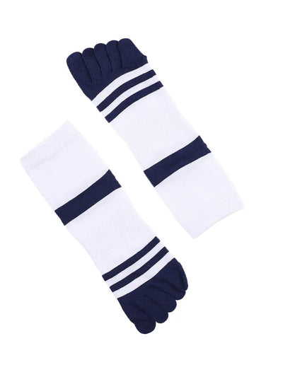 men's five finger white cotton socks with blue stripe