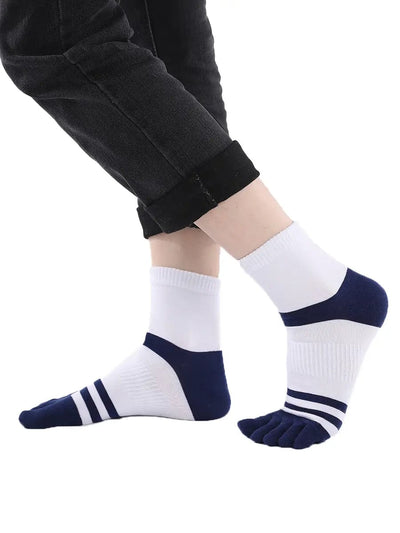 men's five finger white cotton socks with blue stripe