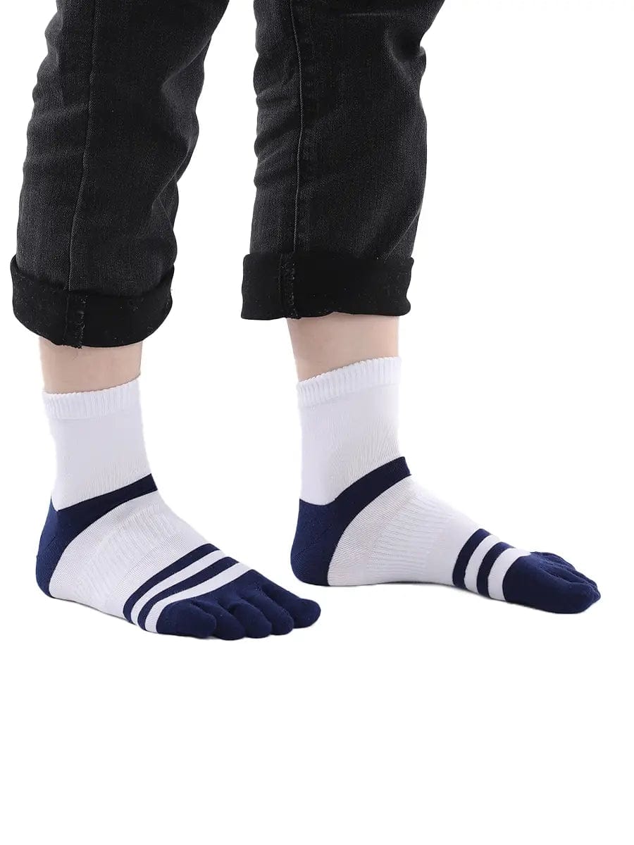 men's five finger white cotton socks with blue stripe