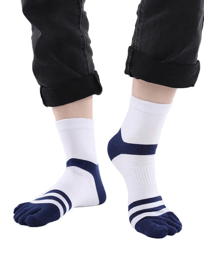 men's five finger white cotton socks with blue stripe