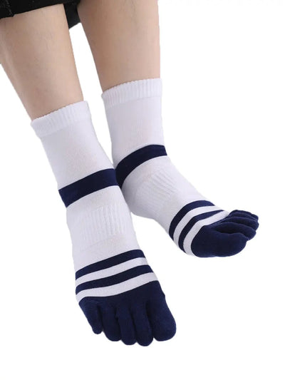 men's five finger white cotton socks with blue stripe
