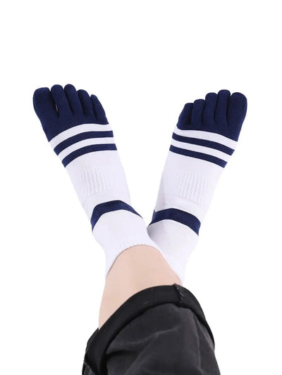men's five finger white cotton socks with blue stripe