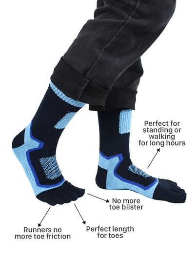 Men's five finger cotton toe socks high cut, blue