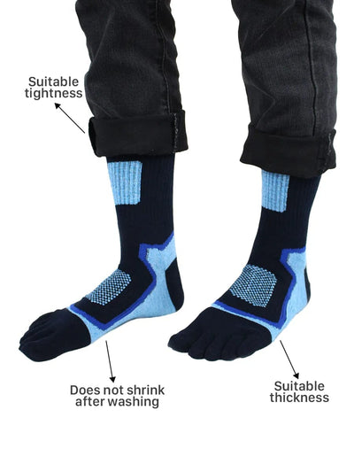 Men's five finger cotton toe socks high cut, blue