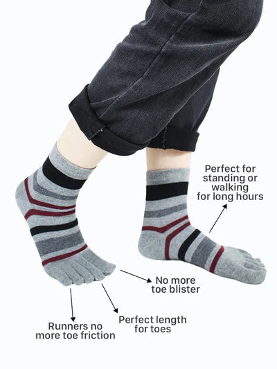 Striped men's five finger cotton toe socks, medium grey