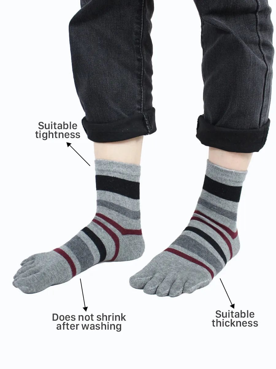 Striped men's five finger cotton toe socks, medium grey