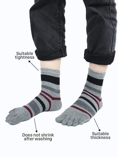 Striped men's five finger cotton toe socks, medium grey