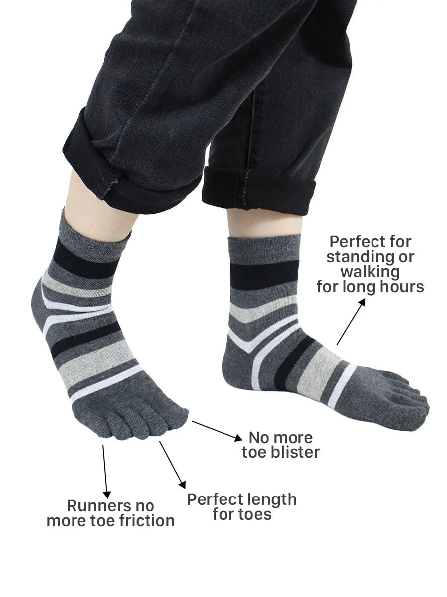 Striped men's five finger cotton toe socks, dark grey