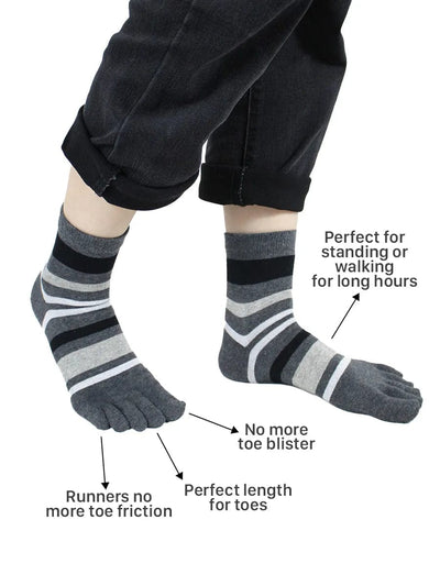 Striped men's five finger cotton toe socks, dark grey