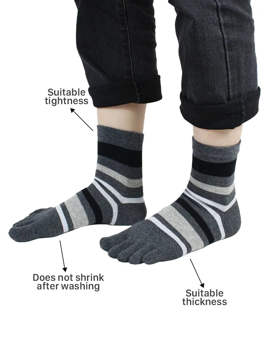 Striped men's five finger cotton toe socks, dark grey