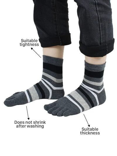 Striped men's five finger cotton toe socks, dark grey