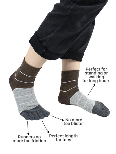 Three-color striped men's five finger cotton toe socks, brown