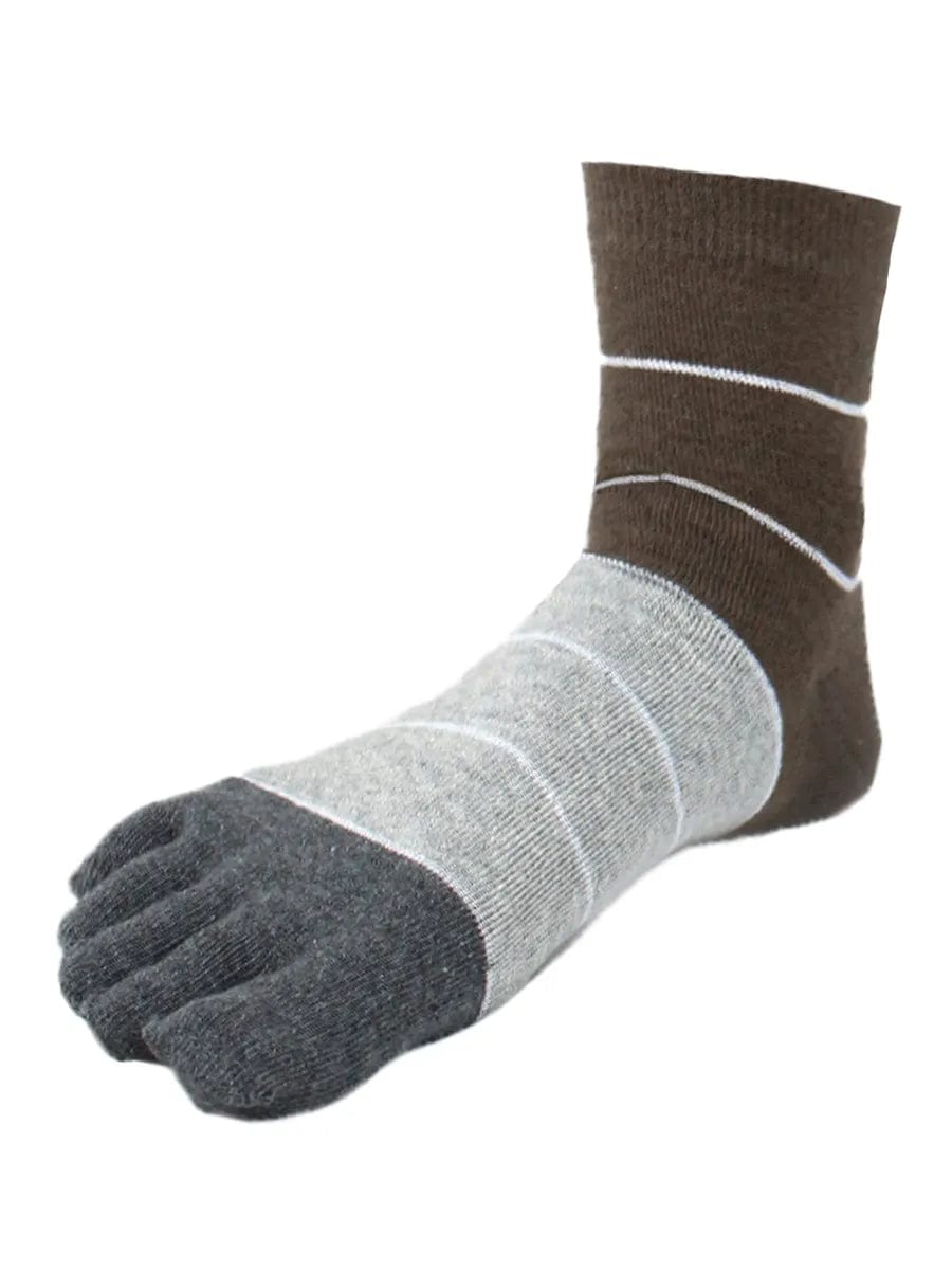 Three-color striped men's five finger cotton toe socks, brown