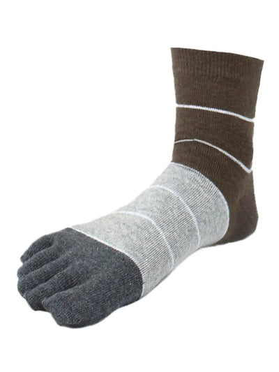 Three-color striped men's five finger cotton toe socks, brown