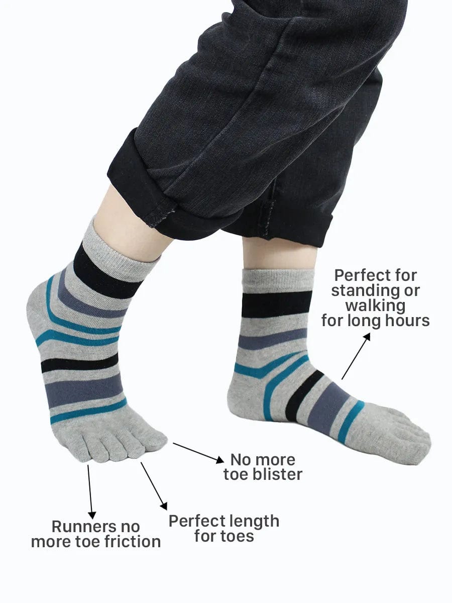 Striped men's five finger cotton toe socks, light grey