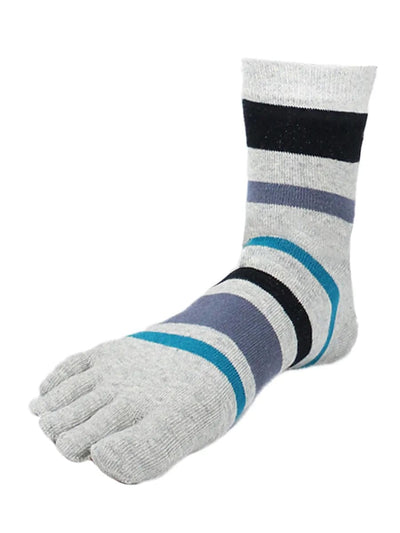 Striped men's five finger cotton toe socks, light grey
