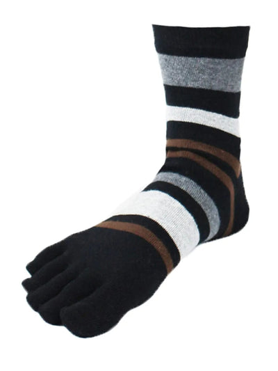 Striped men's five finger cotton toe socks, black