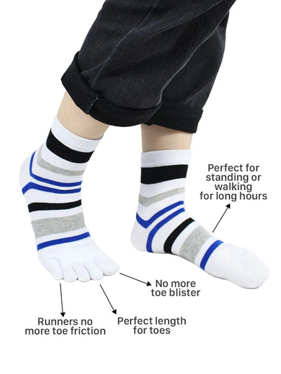 Striped men's five finger cotton toe socks, white