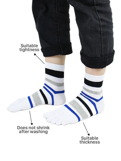 Striped men's five finger cotton toe socks, white