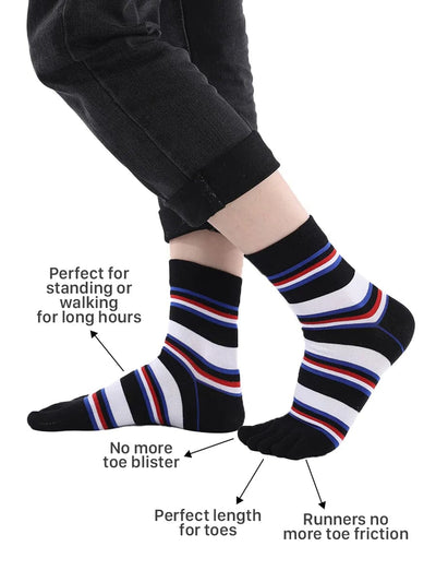 stripe men's five finger cotton socks, black