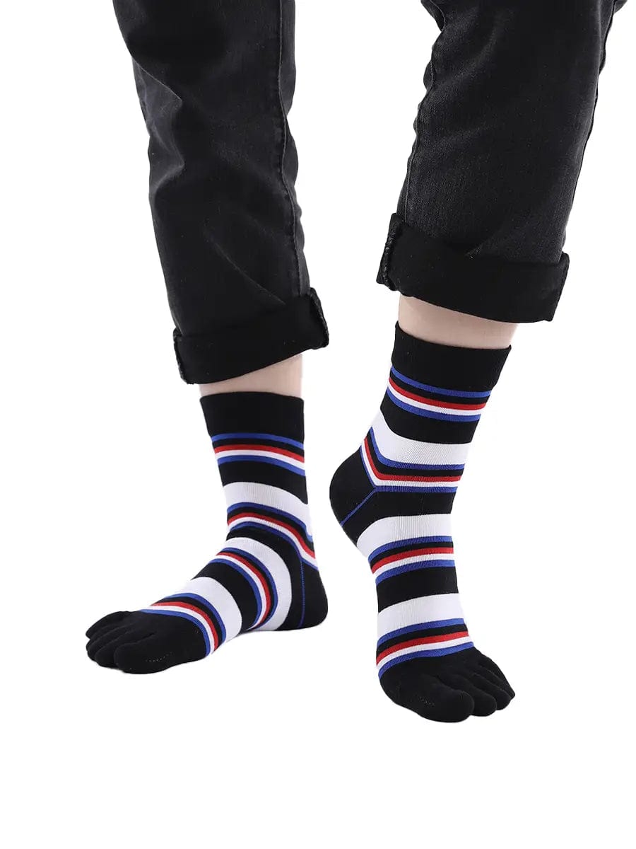 stripe men's five finger cotton socks, black
