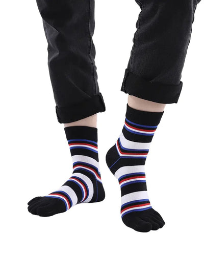 stripe men's five finger cotton socks, black